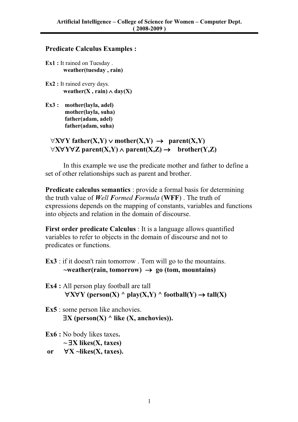 Predicate Calculus Examples