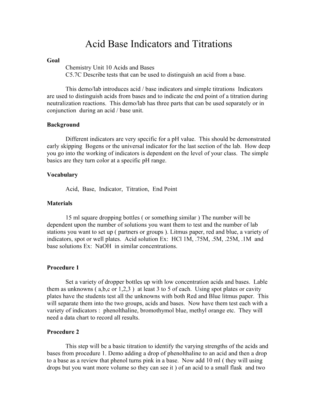 Acid Base Indicators and Titrations