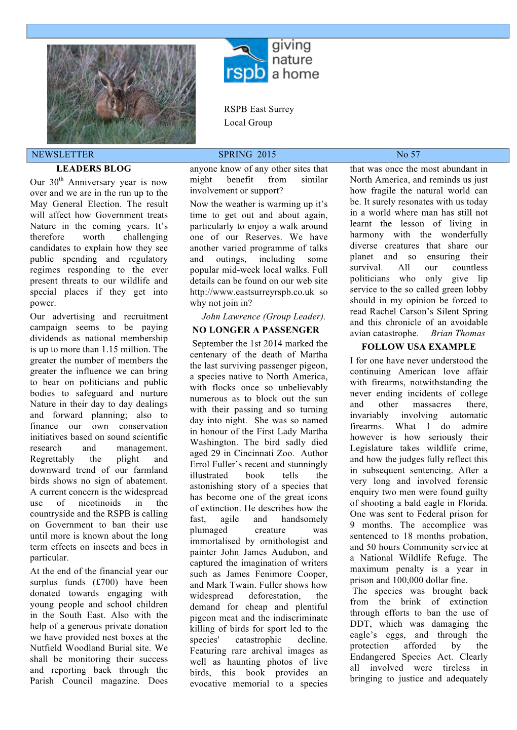 RSPB East Surrey Local Group NEWSLETTER SPRING 2015 No