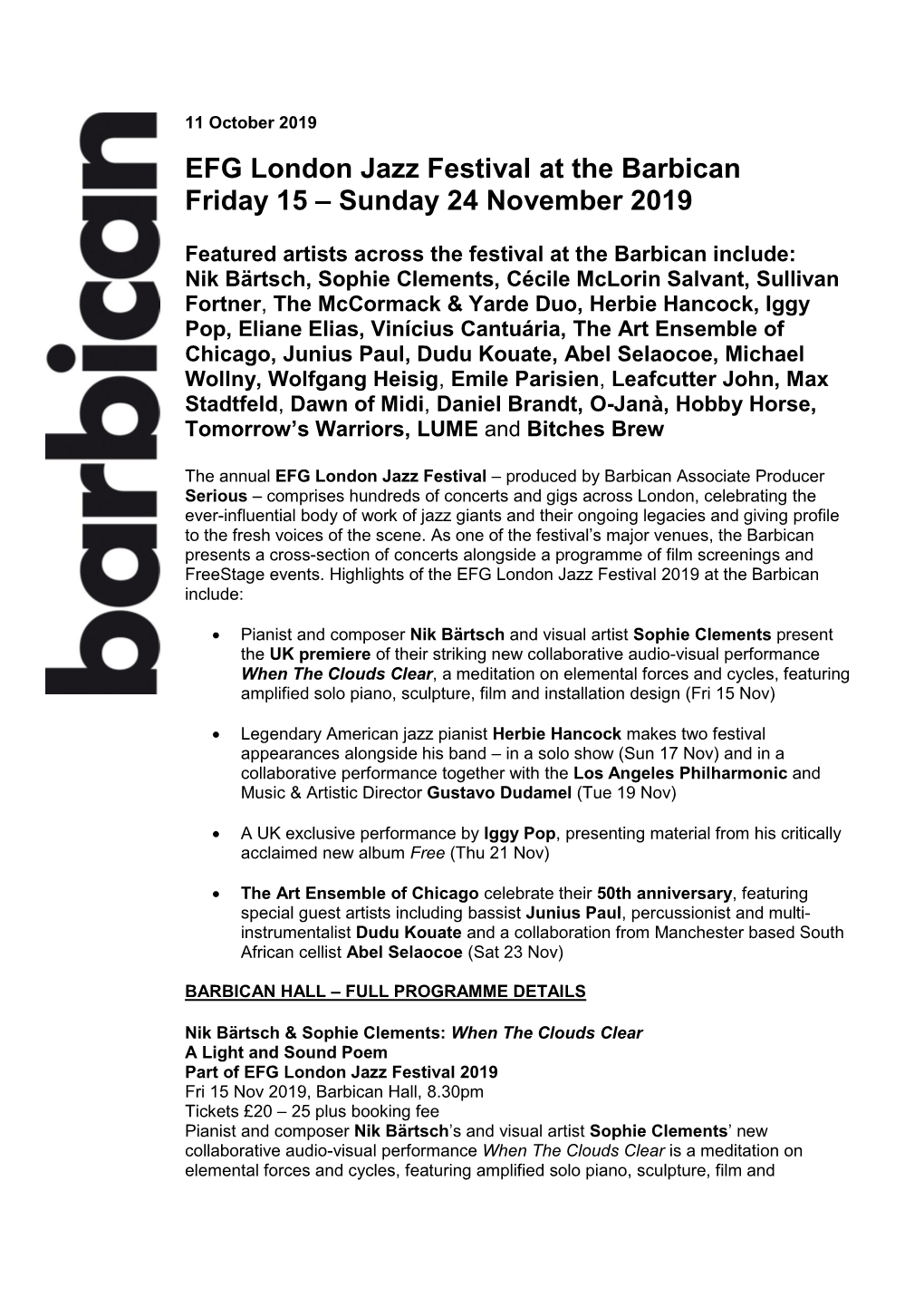 EFG London Jazz Festival at the Barbican Friday 15 – Sunday 24 November 2019