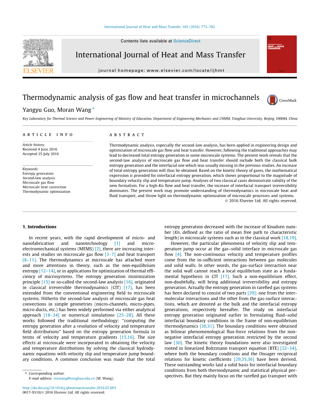 Thermodynamic Analysis of Gas Flow and Heat Transfer in Microchannels