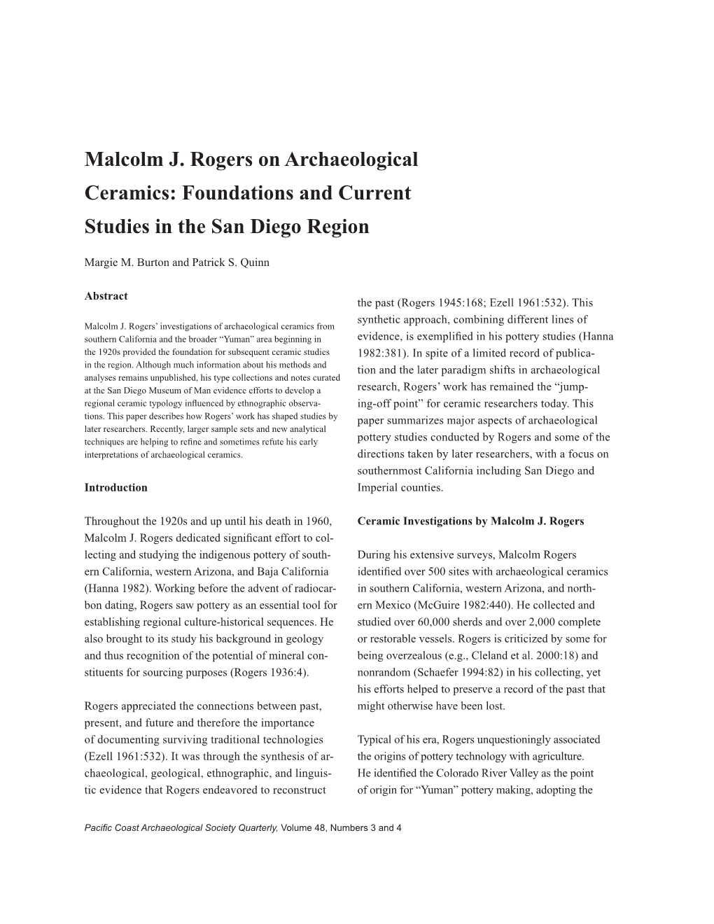 Malcolm J. Rogers on Archaeological Ceramics: Foundations and Current Studies in the San Diego Region