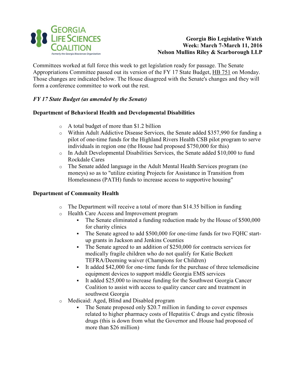 Georgia Bio Legislative Watch Week: March 7-March 11, 2016 Nelson Mullins Riley & Scarborough LLP