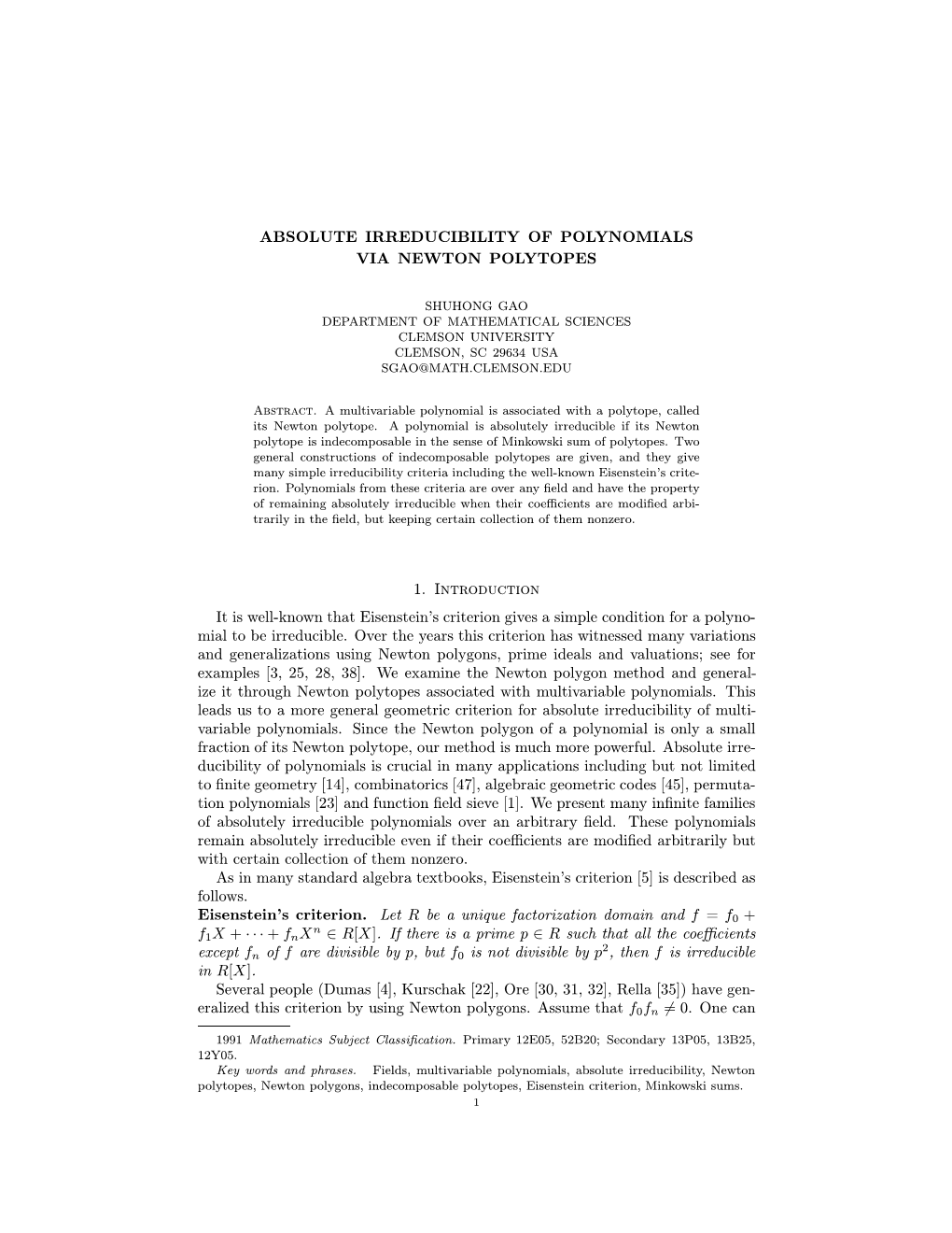 Absolute Irreducibility of Polynomials Via Newton Polytopes