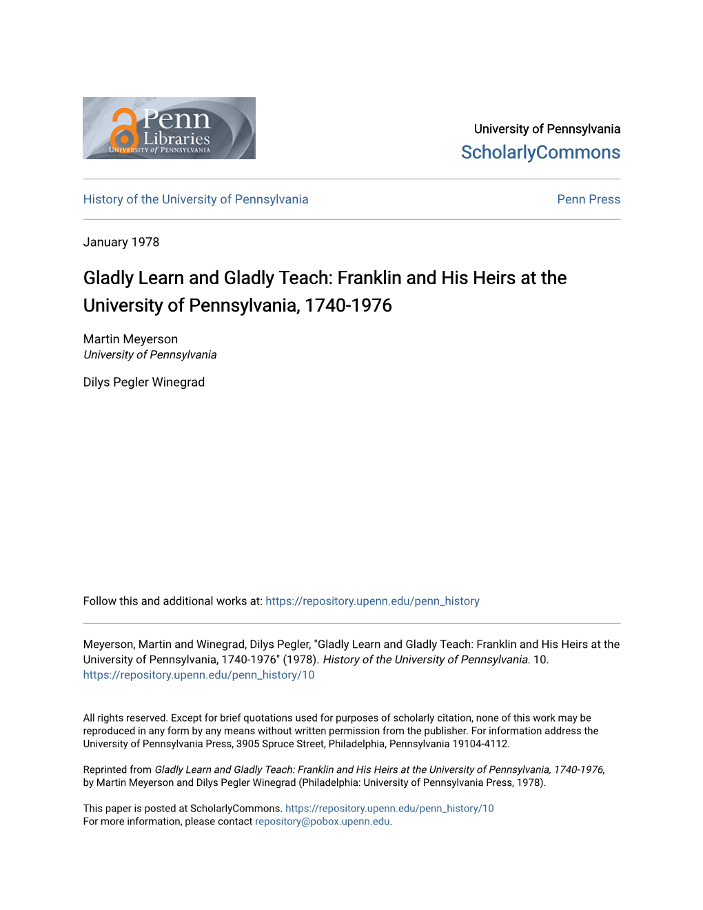 Gladly Learn and Gladly Teach: Franklin and His Heirs at the University of Pennsylvania, 1740-1976