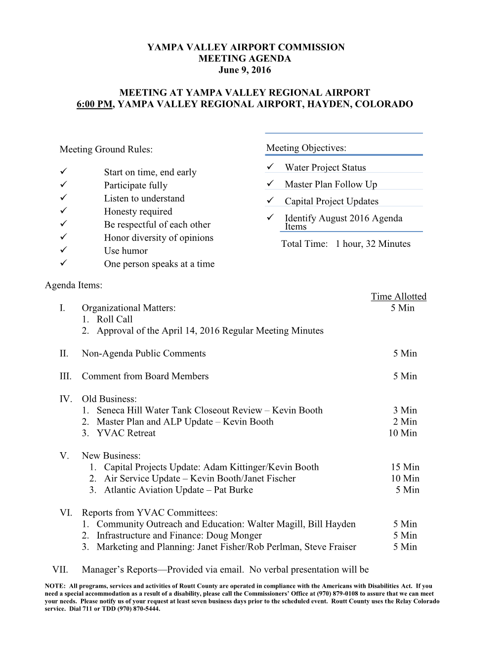 YAMPA VALLEY AIRPORT COMMISSION MEETING AGENDA June 9, 2016