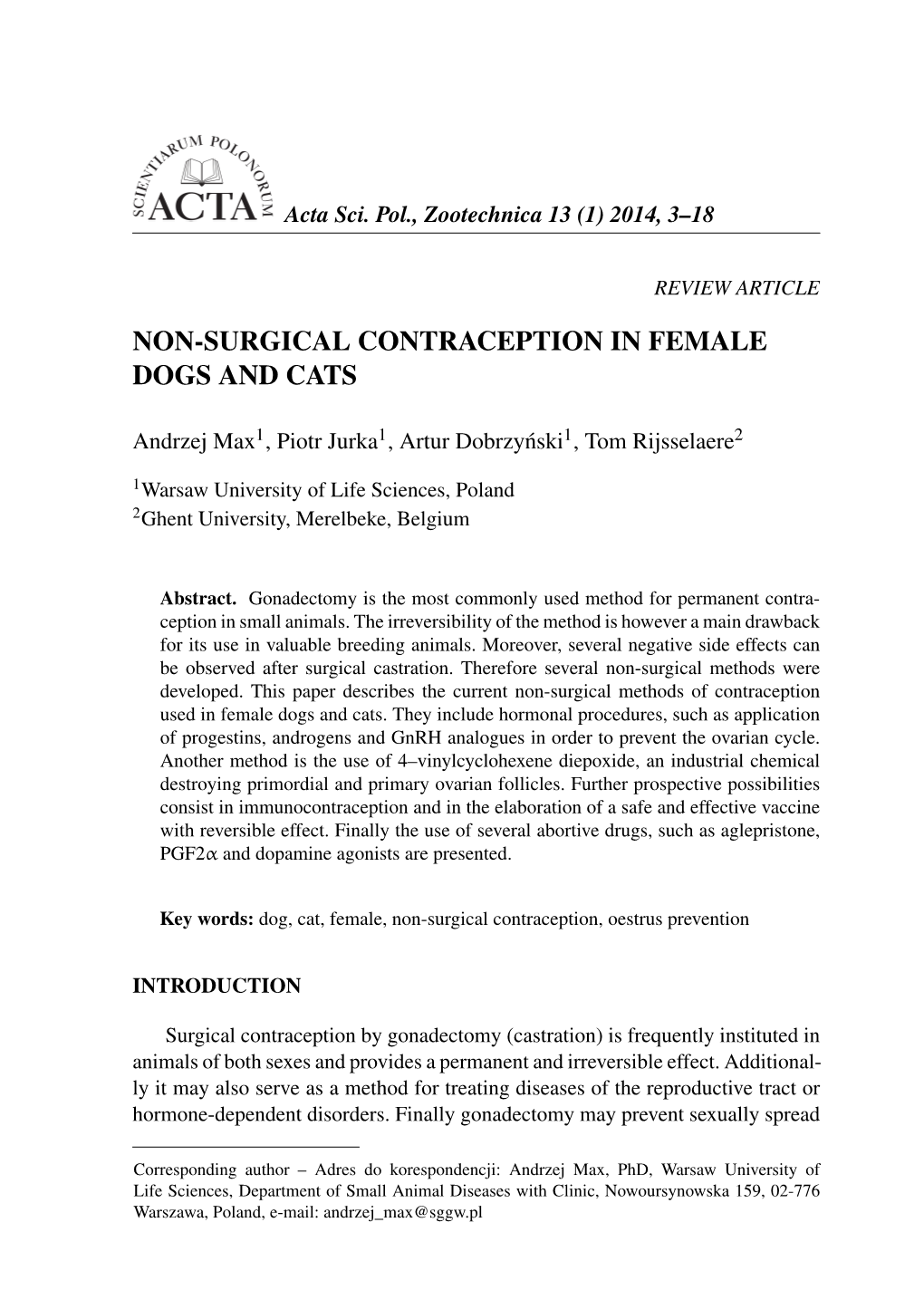 Non-Surgical Contraception in Female Dogs and Cats