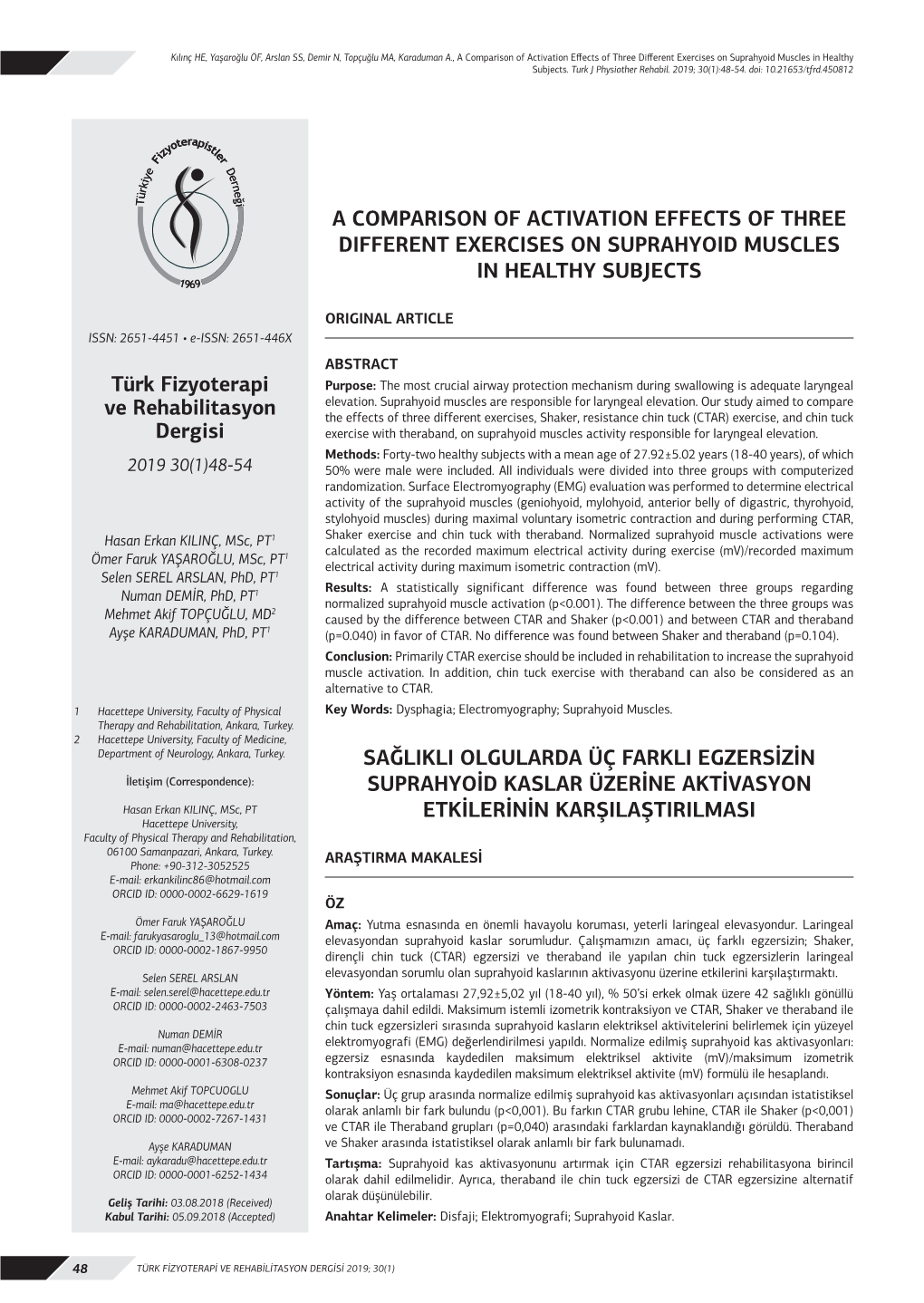 A Comparison of Activation Effects of Three Different Exercises on Suprahyoid Muscles in Healthy Subjects Sağlikli Olgularda Ü