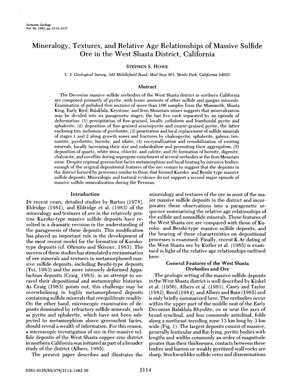 Mineralogy, Textures, and Relative Age Relationships of Massive Sulfide Ore in the West Shasta District, California