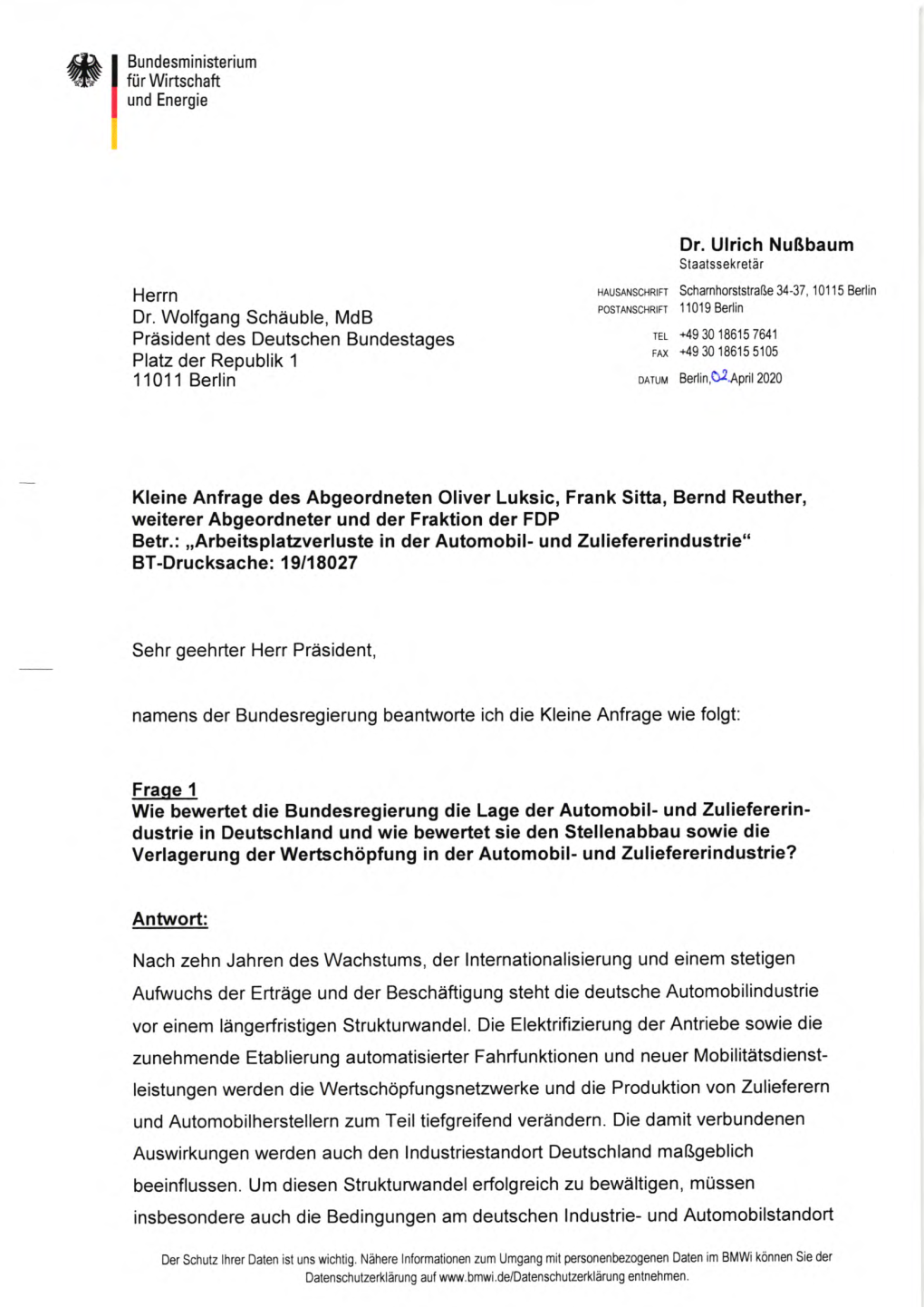 Bundesministerium I 747 Für Wirtschaft Und Energie Dr. Ulrich Nußbaum