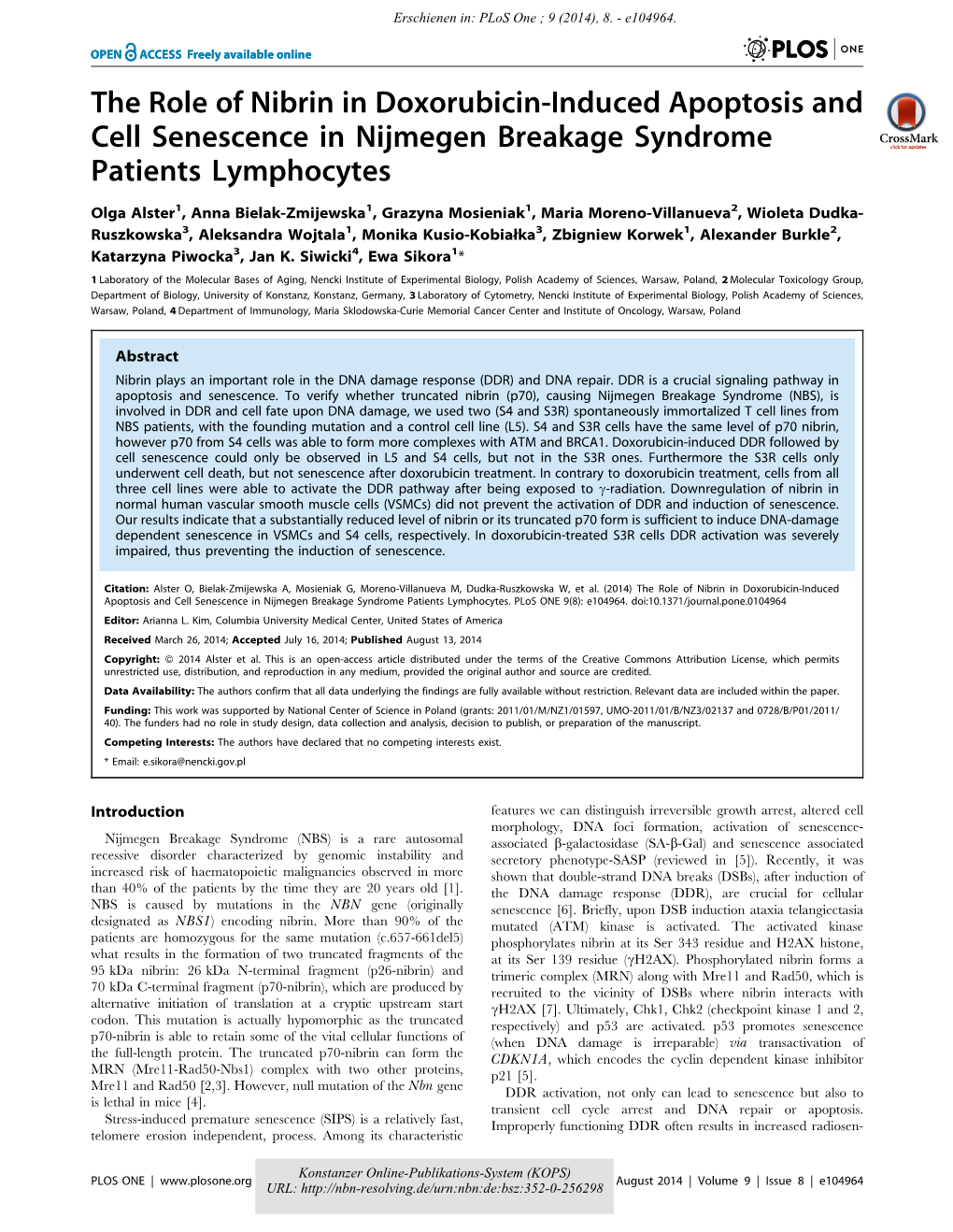 The Role of Nibrin in Doxorubicin-Induced Apoptosis and Cell Senescence in Nijmegen Breakage Syndrome Patients Lymphocytes