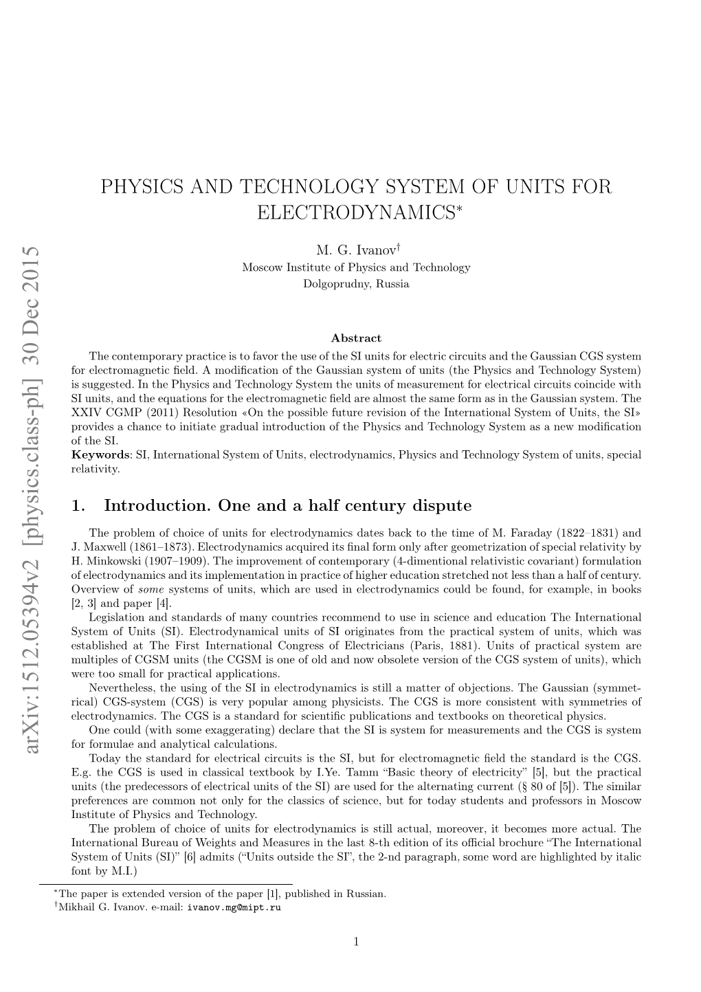 Physics and Technology System of Units for Electrodynamics