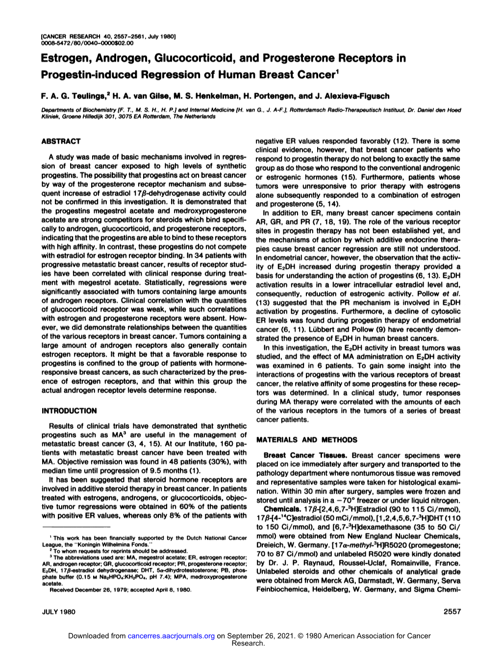 Estrogen, Androgen, Glucocorticoid, and Progesterone Receptors in Progestin-Induced Regression of Human Breast Cancer1