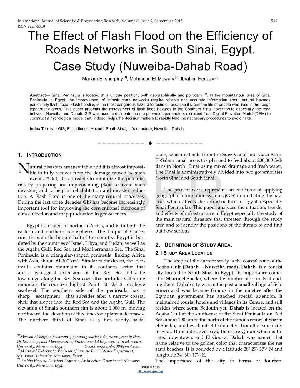 The Effect of Flash Flood on the Efficiency of Roads Networks in South Sinai, Egypt. Case Study (Nuweiba-Dahab Road)