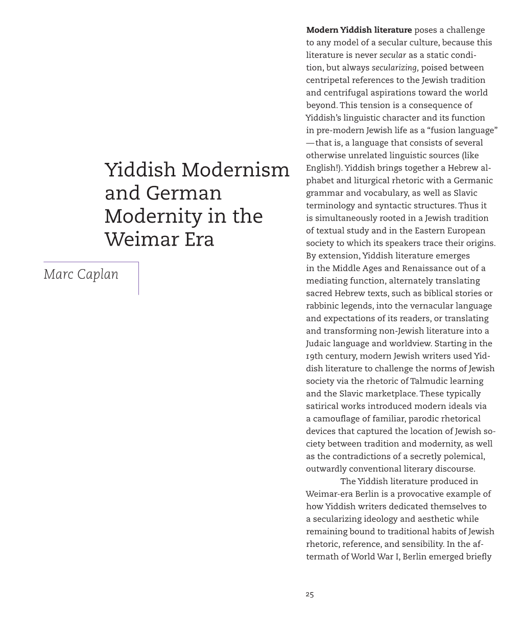 Yiddish Modernism and German Modernity in the Weimar