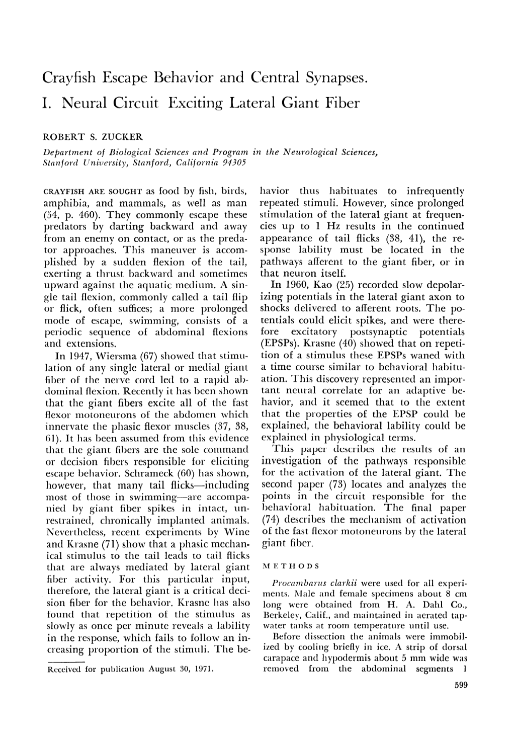 Crayfish Escape Behavior and Central Synapses. I. Neural Circuit Exciting Lateral Giant Fiber