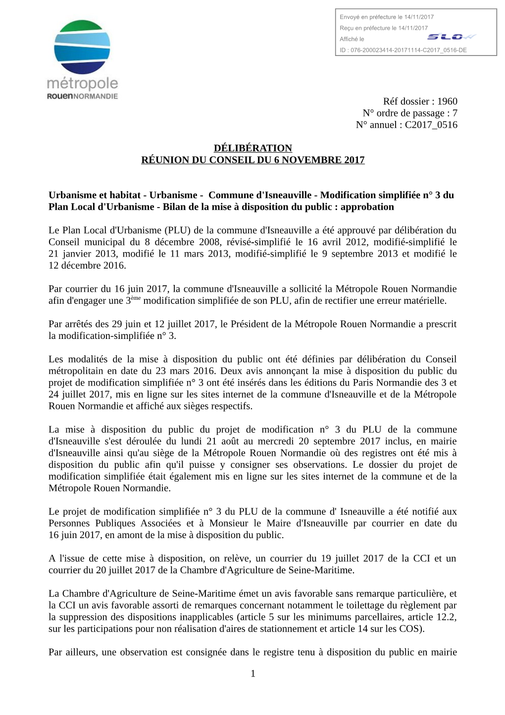 Réf Dossier : 1960 N° Ordre De Passage : 7 N° Annuel : C2017 0516