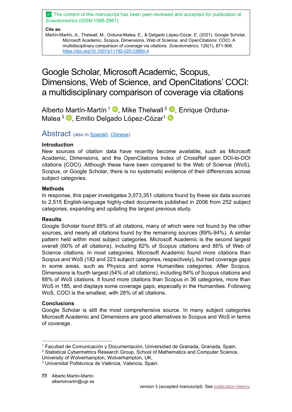 Google Scholar, Microsoft Academic, Scopus, Dimensions, Web of Science, and Opencitations’ COCI: a Multidisciplinary Comparison of Coverage Via Citations