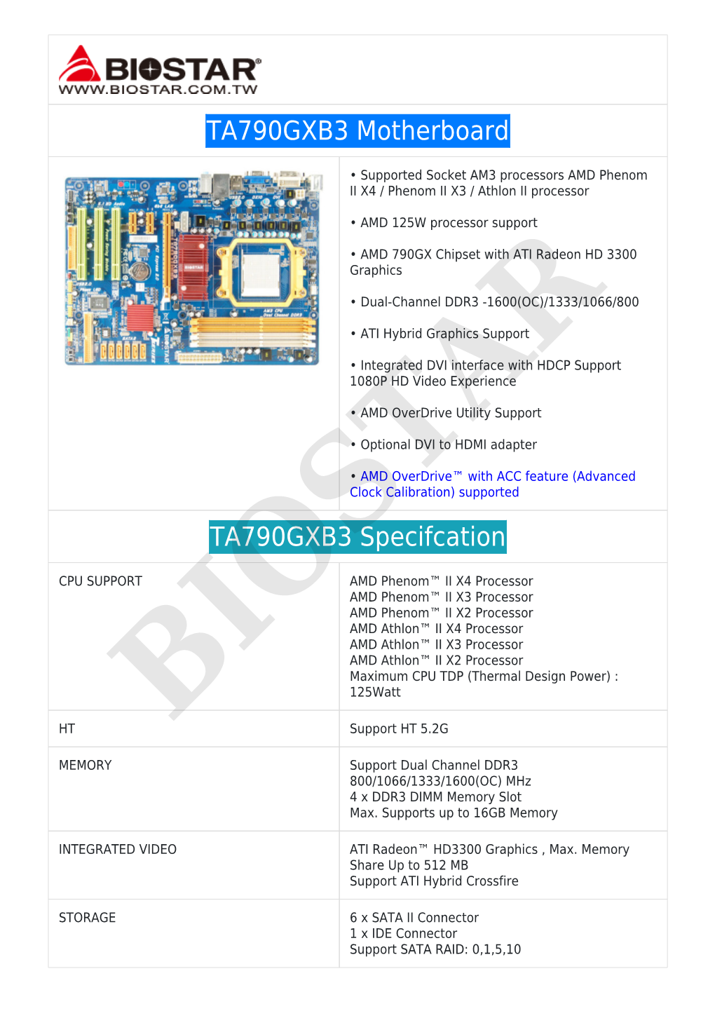 TA790GXB3 Motherboard TA790GXB3 Specifcation