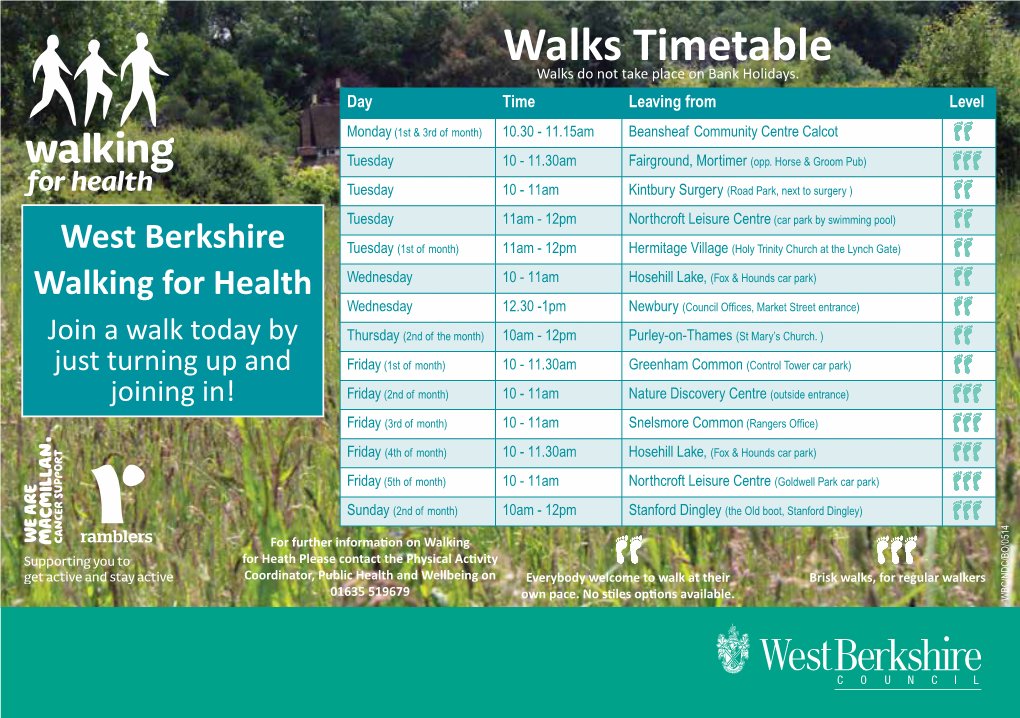 Walks Timetable Walks Do Not Take Place on Bank Holidays