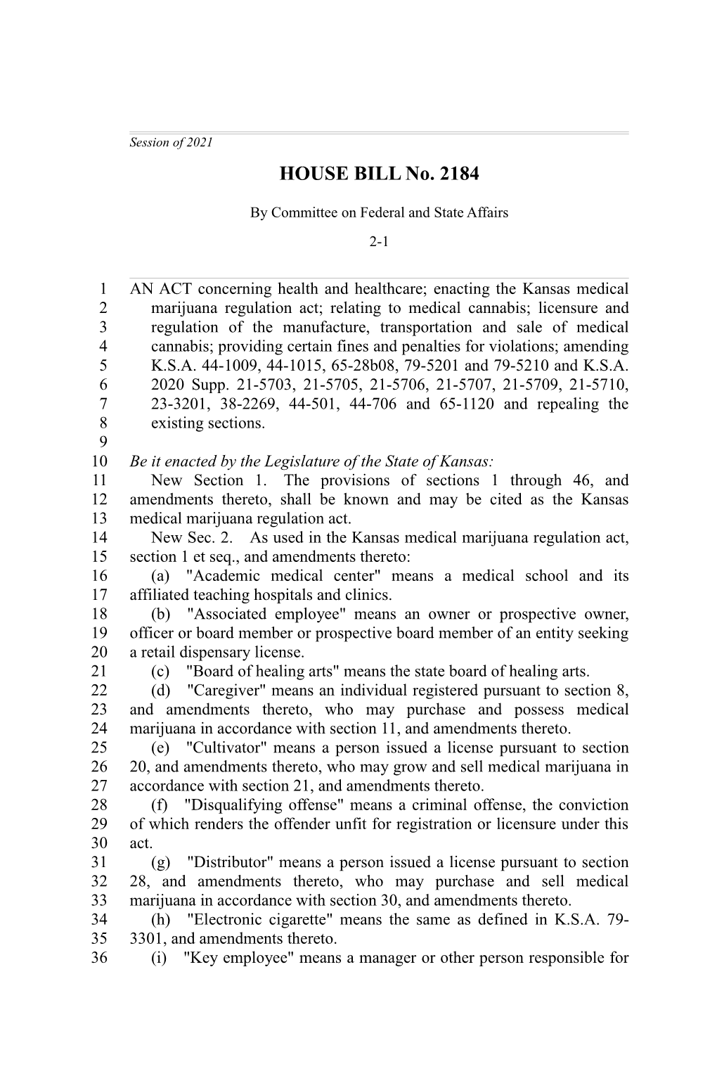 HOUSE BILL No. 2184