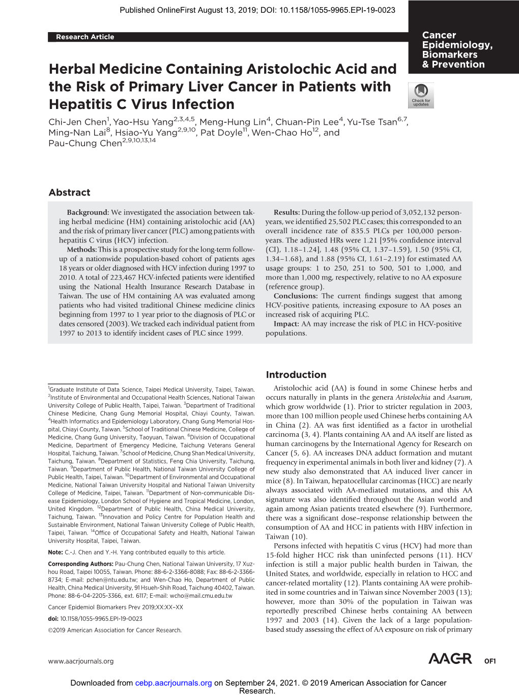 Herbal Medicine Containing Aristolochic Acid and the Risk of Primary Liver Cancer in Patients with Hepatitis C Virus Infection