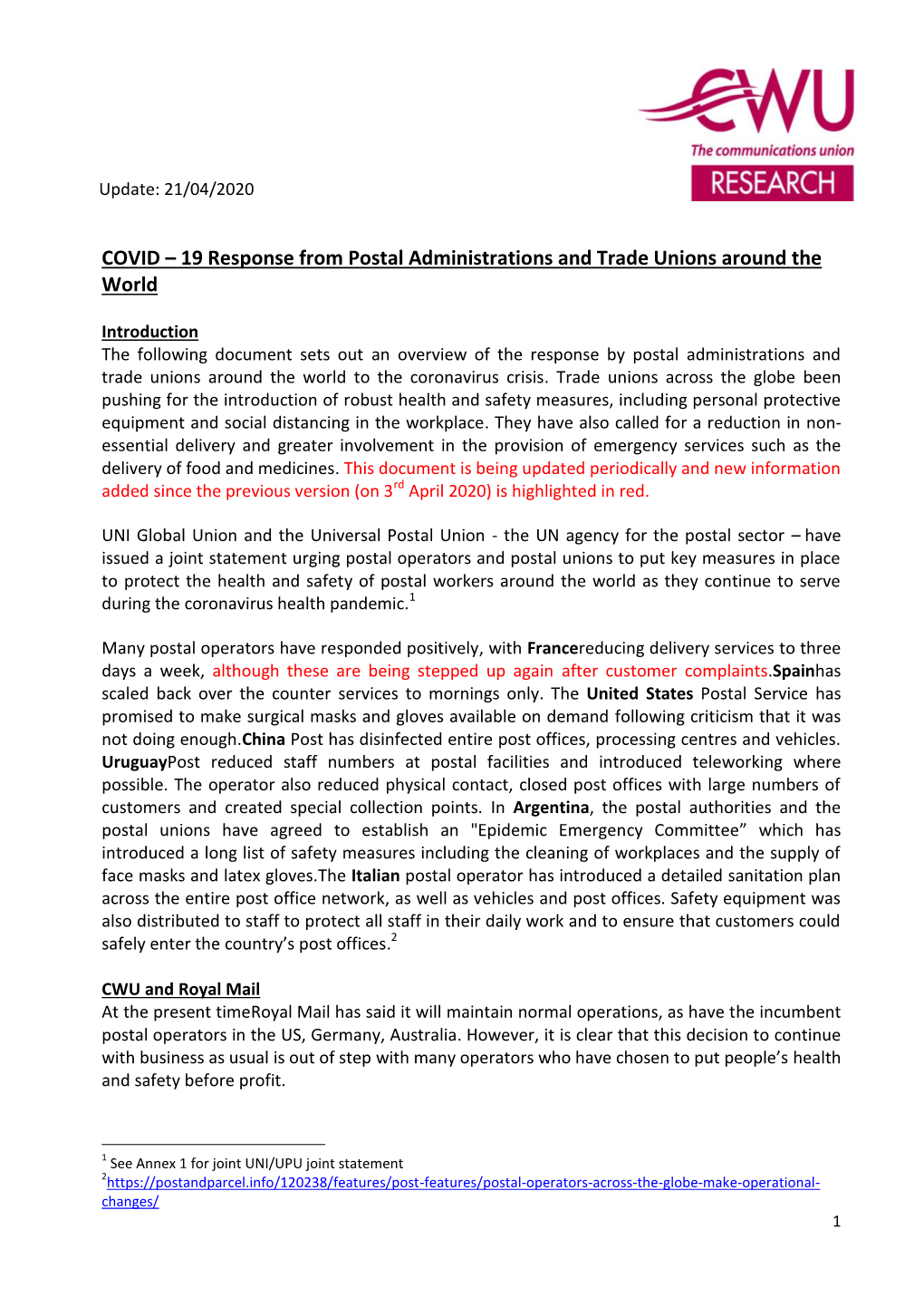 COVID – 19 Response from Postal Administrations and Trade Unions Around the World