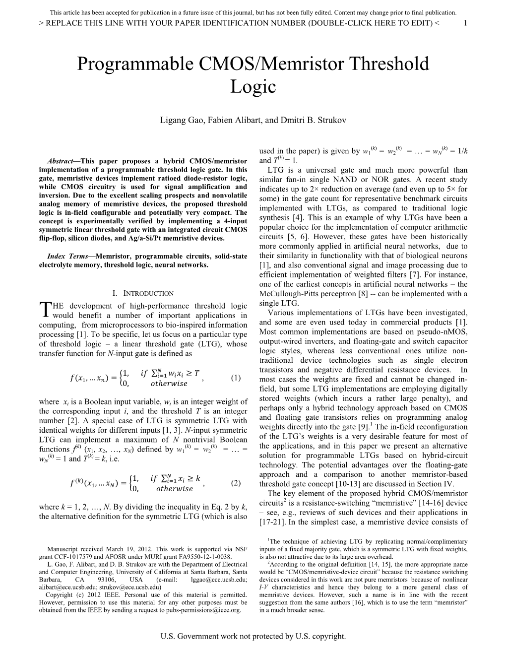 Programmable CMOS/Memristor Threshold Logic