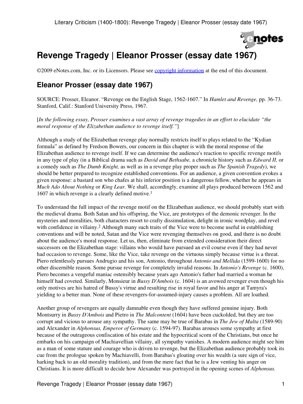 Revenge Tragedy | Eleanor Prosser (Essay Date 1967)