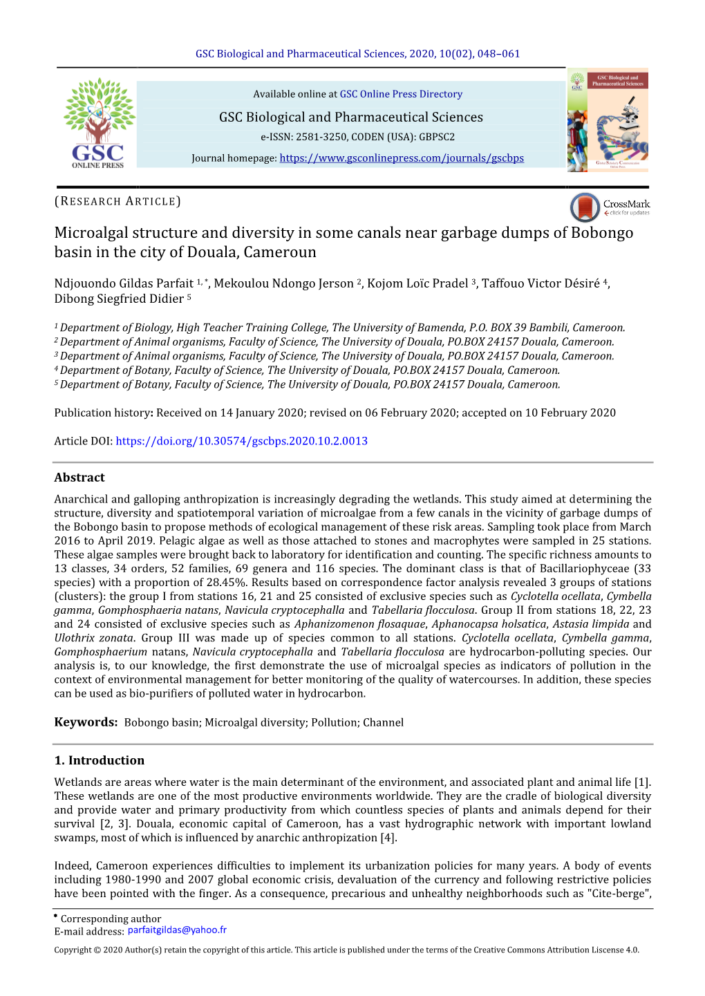 Microalgal Structure and Diversity in Some Canals Near Garbage Dumps of Bobongo Basin in the City of Douala, Cameroun