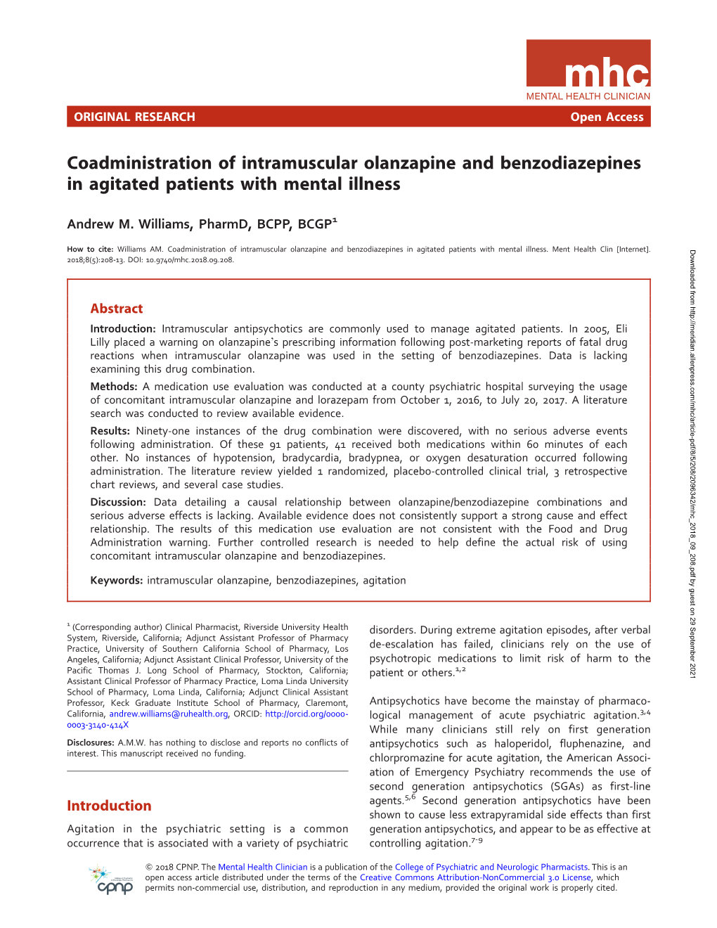 Coadministration of Intramuscular Olanzapine and Benzodiazepines in Agitated Patients with Mental Illness