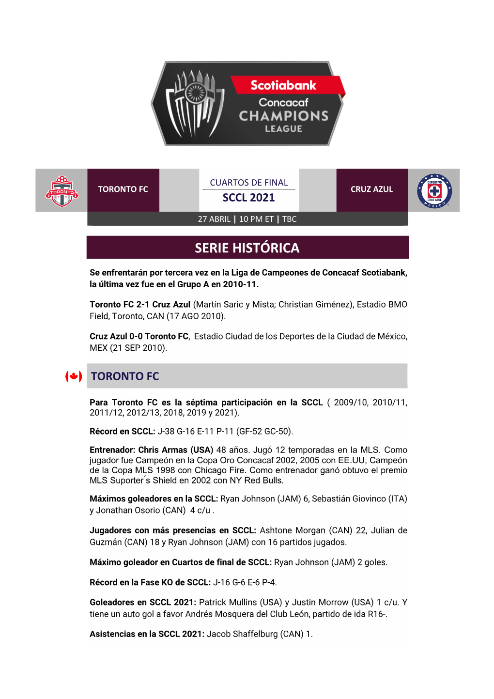 Toronto Fc Cruz Azul Sccl 2021 27 Abril | 10 Pm Et | Tbc