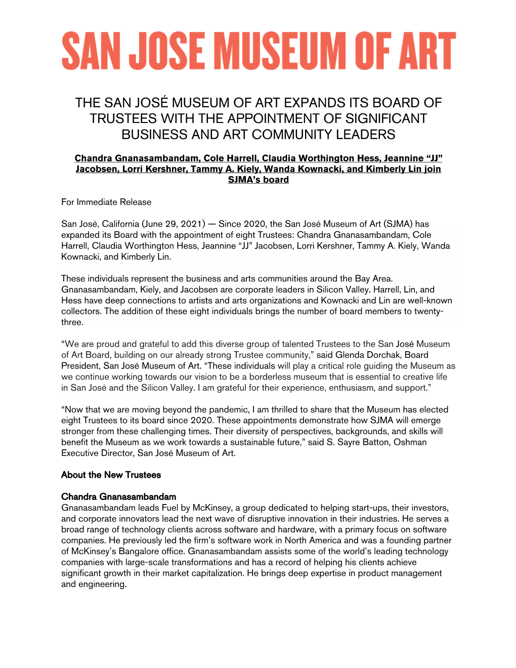 The San José Museum of Art Expands Its Board of Trustees with the Appointment of Significant Business and Art Community Leaders