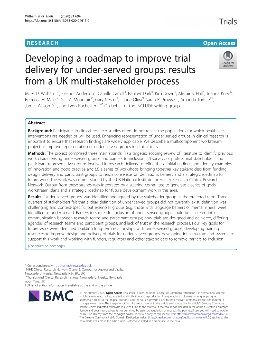 Developing a Roadmap to Improve Trial Delivery for Under-Served Groups: Results from a UK Multi-Stakeholder Process Miles D