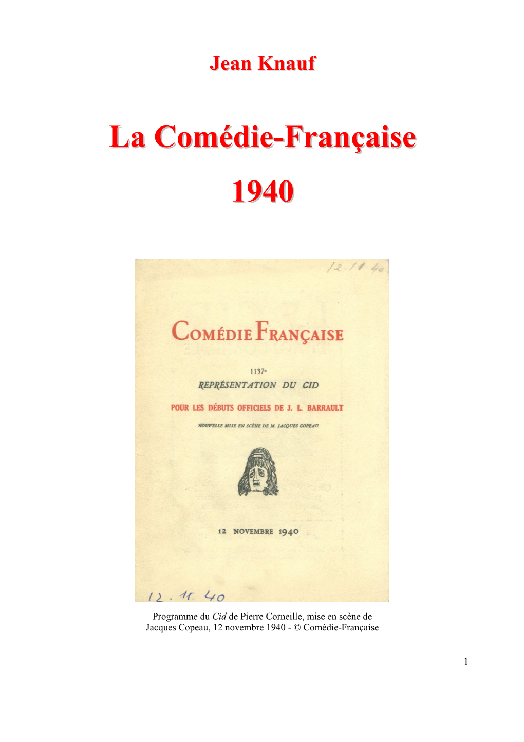 Jean Knauf. La Comédie-Française 1940 PPA