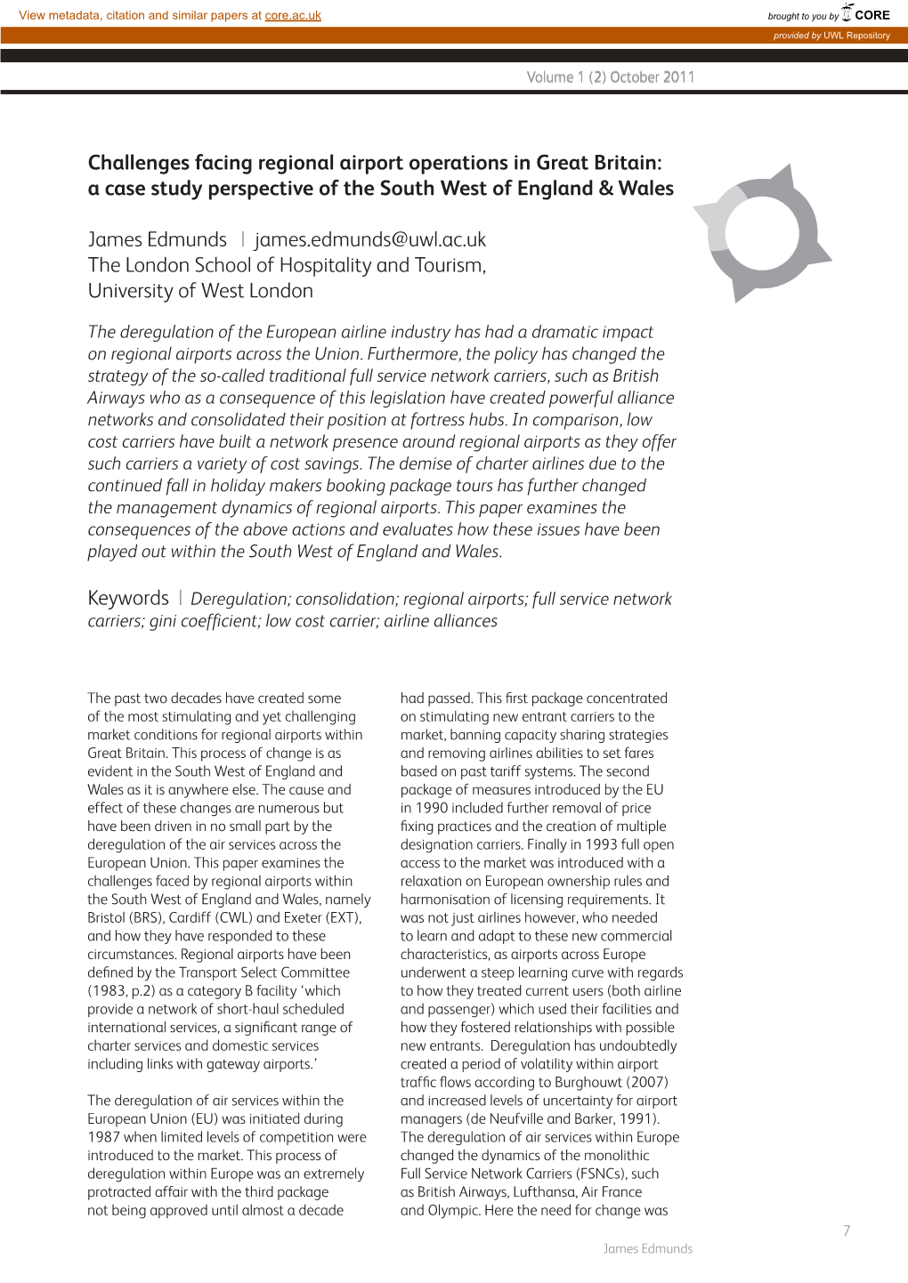 Challenges Facing Regional Airport Operations in Great Britain: a Case Study Perspective of the South West of England & Wales