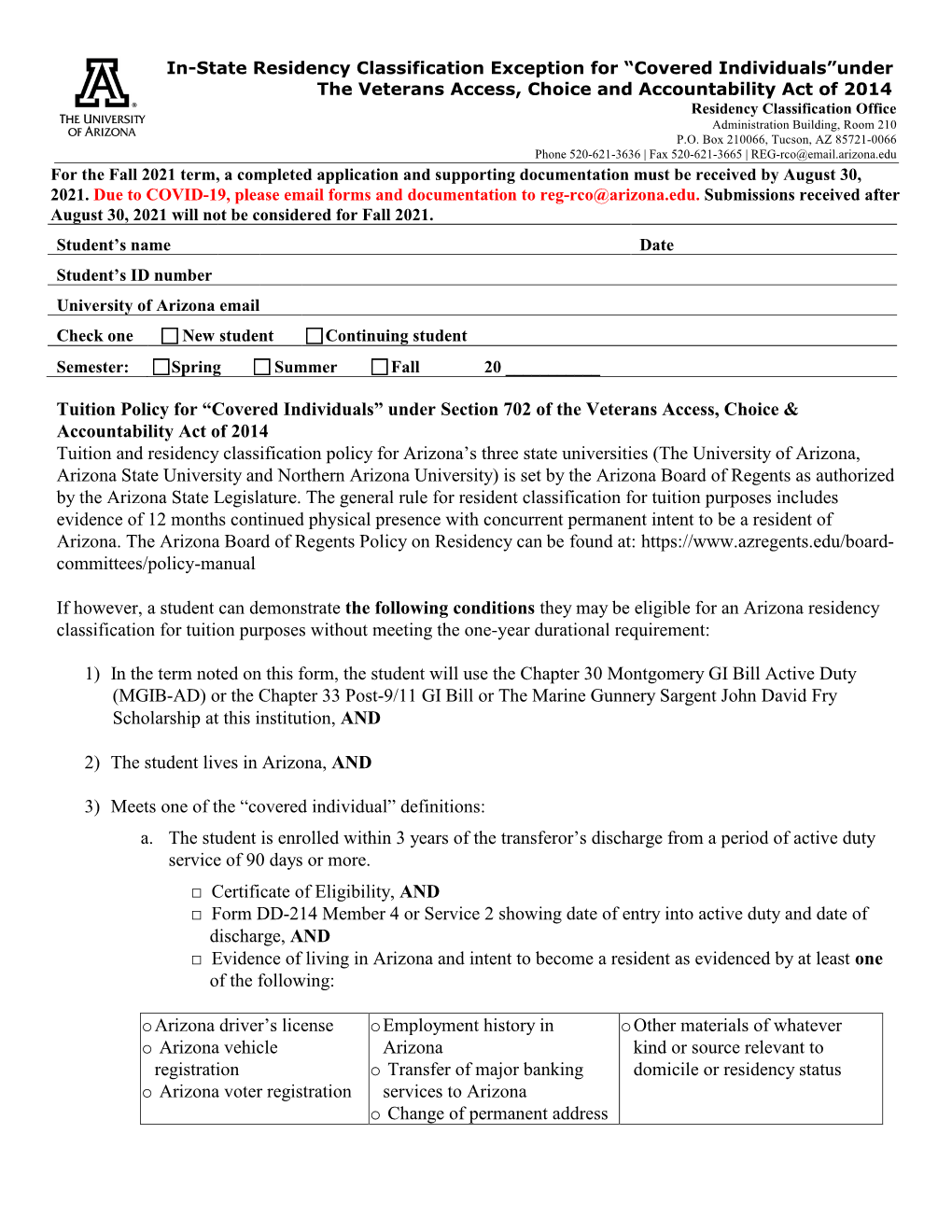 In-State Residency Classification Exception