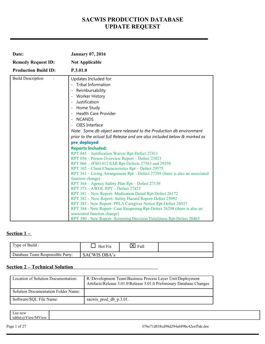 Sacwis Database Update Request s2