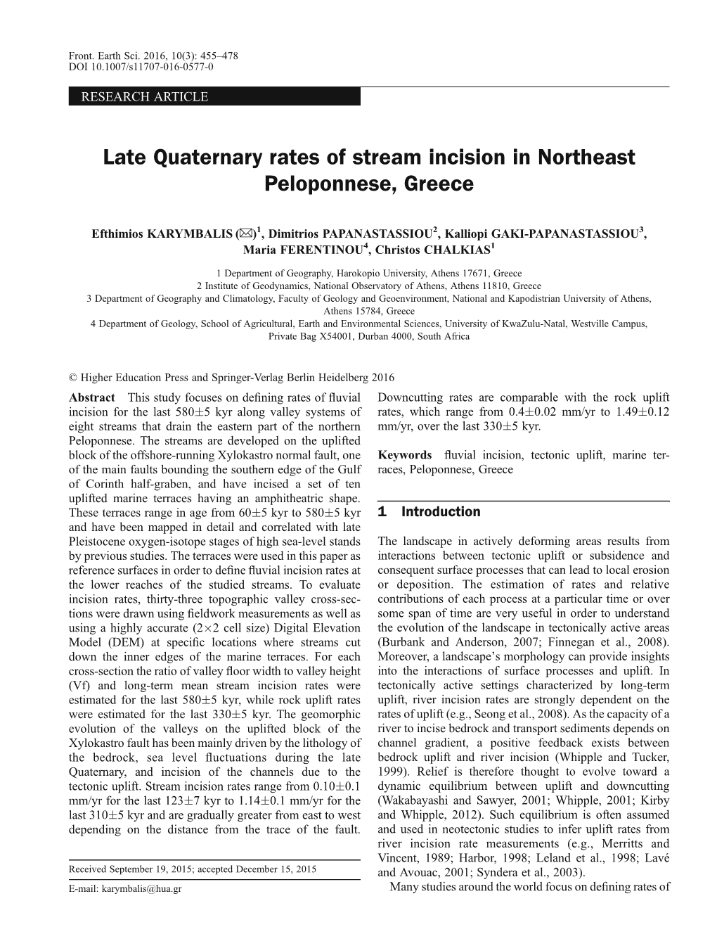 Late Quaternary Rates of Stream Incision in Northeast Peloponnese, Greece