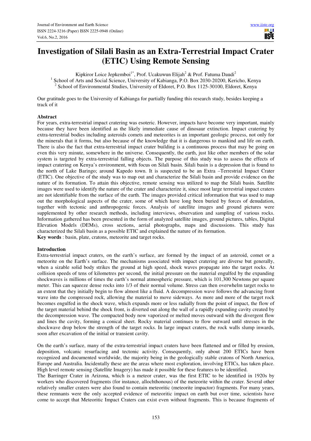 Investigation of Silali Basin As an Extra-Terrestrial Impact Crater (ETIC) Using Remote Sensing