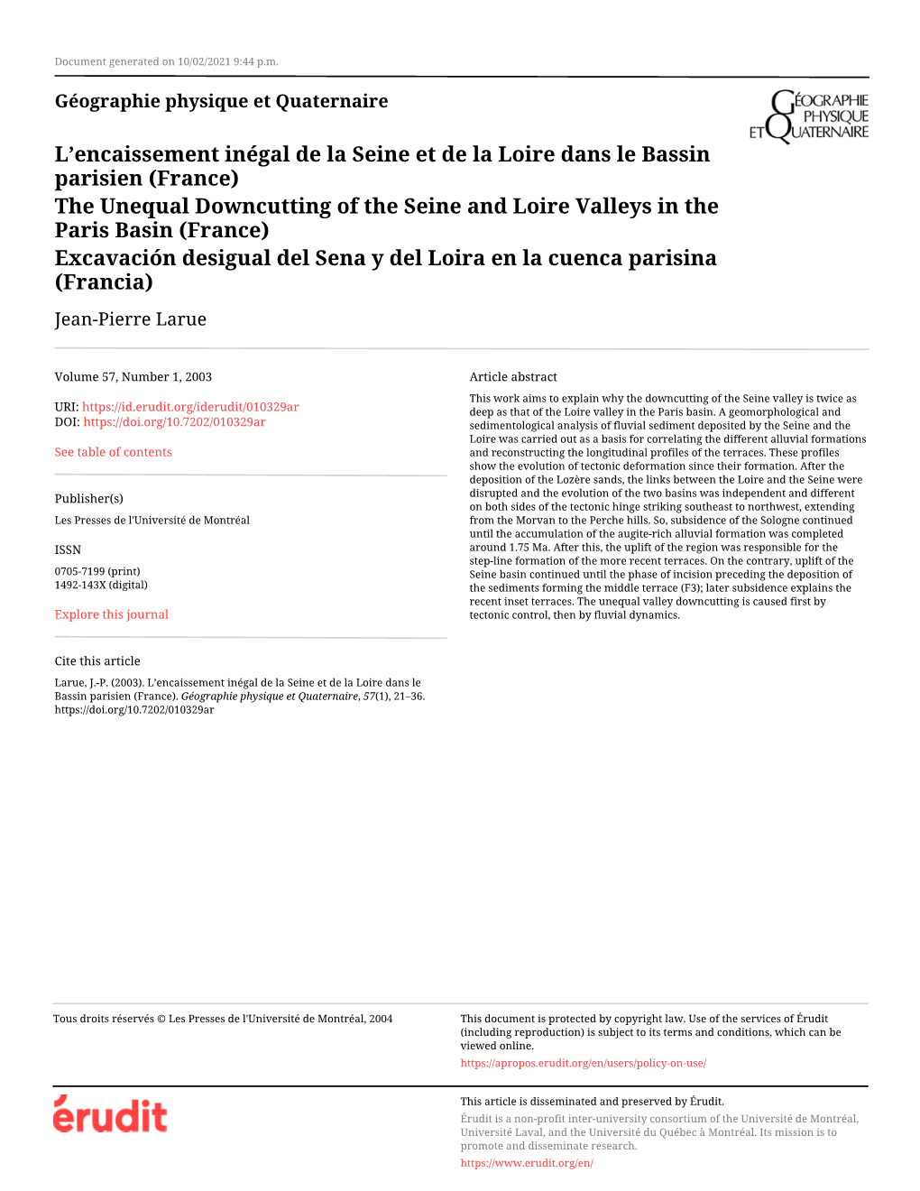 L'encaissement Inégal De La Seine Et De La Loire Dans Le Bassin