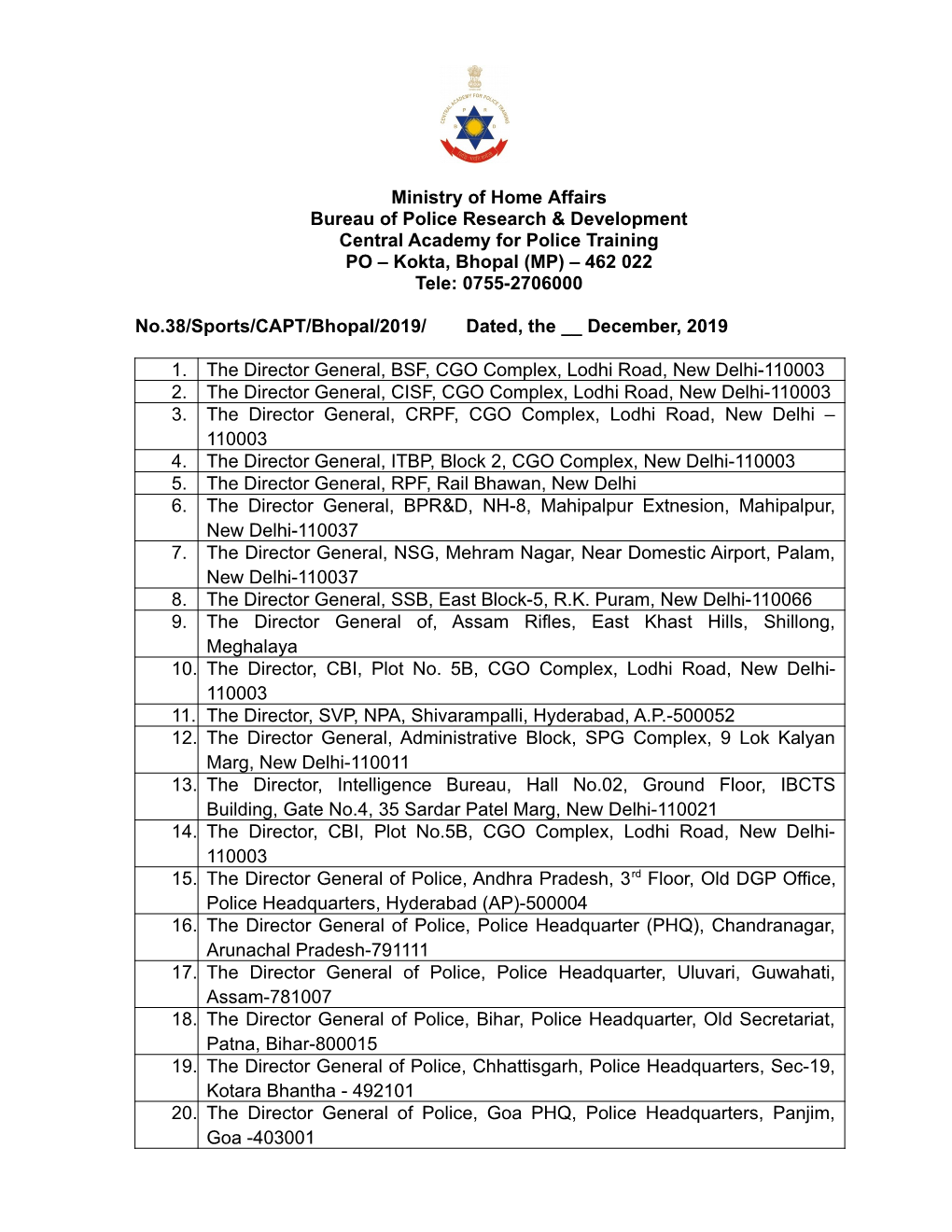 Joining Instructions Reg 12 Th All India Police Badminton Championship-2019 at Central Academy for Police Training (Capt), Bhopal from 03 to 09 February, 2020