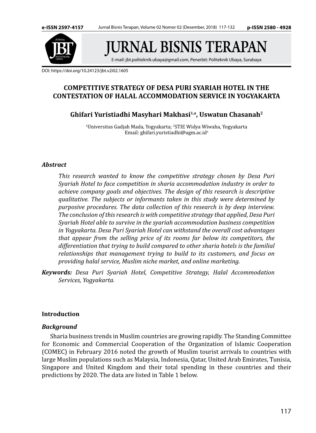 Jurnal Bisnis Terapan, Volume 02 Nomor 02 (Desember, 2018) 117-132 P-ISSN 2580 - 4928