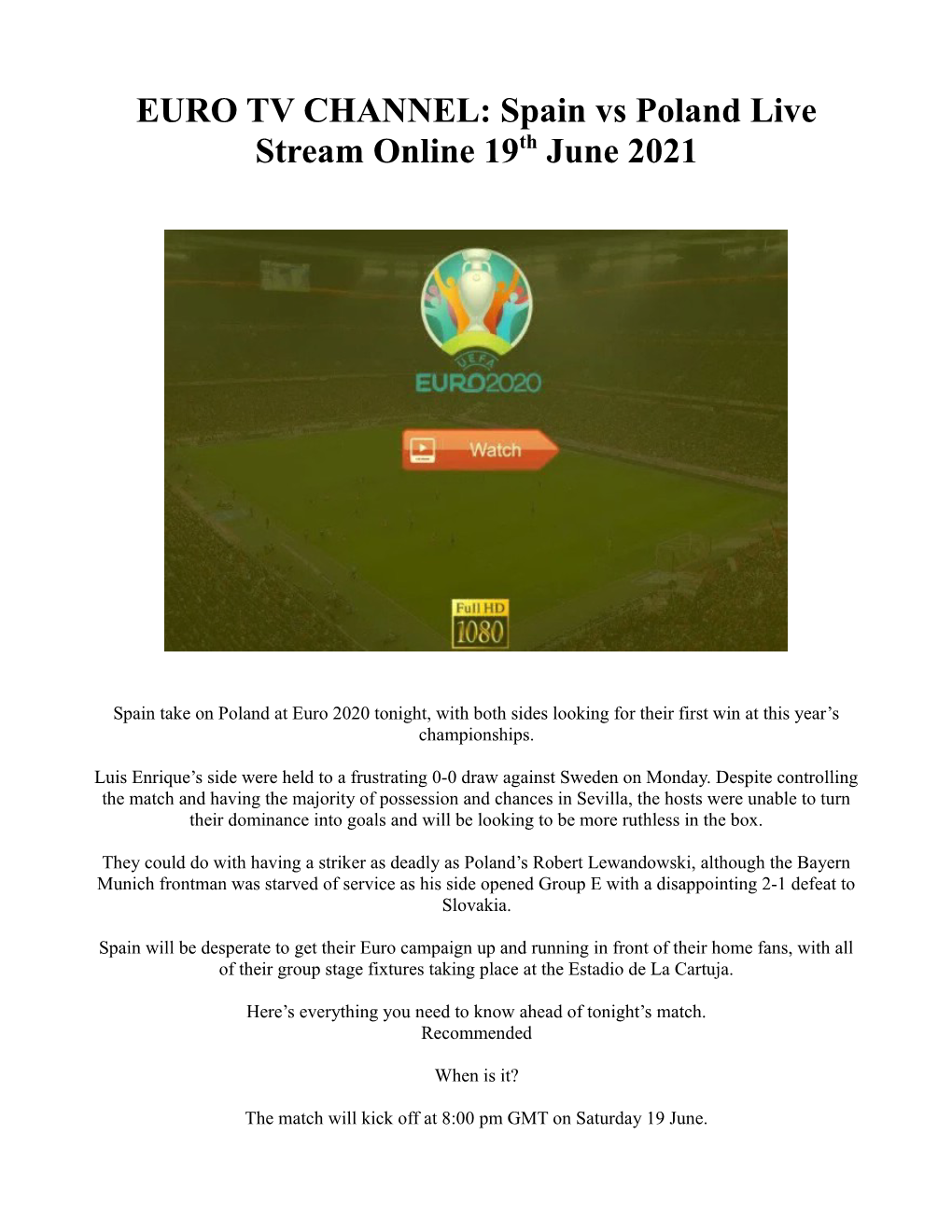 Spain Vs Poland Live Stream Online 19Th June 2021