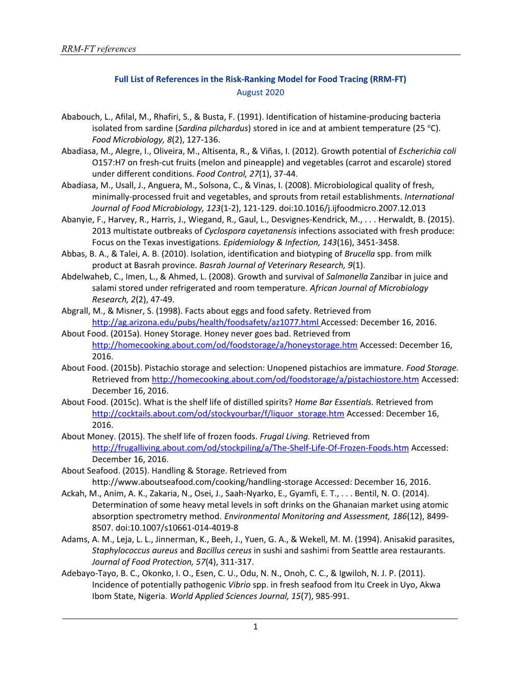 Full List of References in the Risk-Ranking Model for Food Tracing (RRM-FT) August 2020