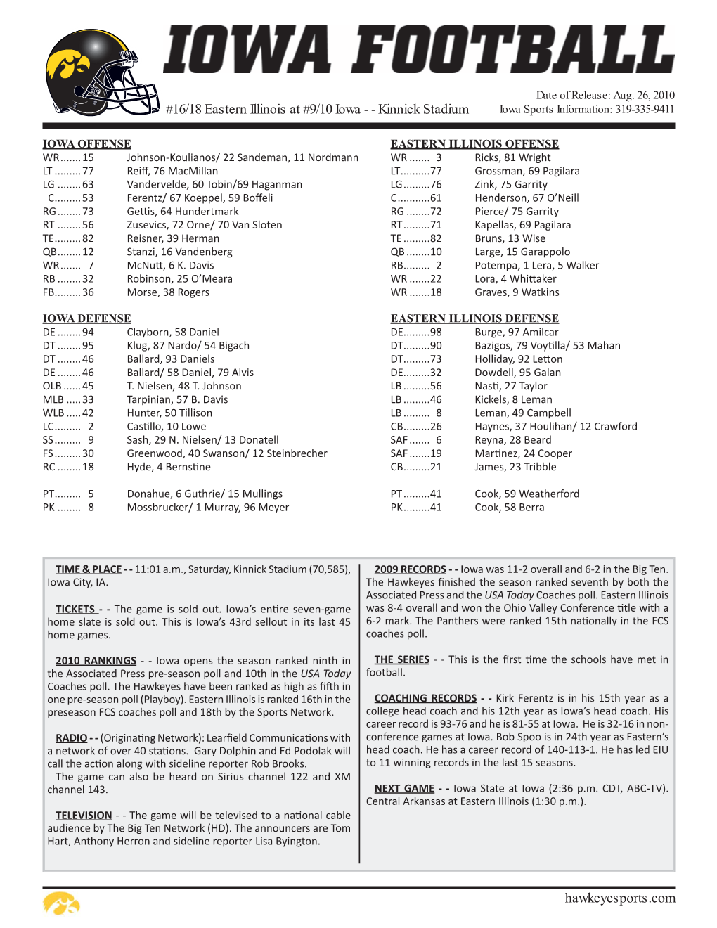 Hawkeyesports.Com #16/18 Eastern Illinois at #9/10 Iowa