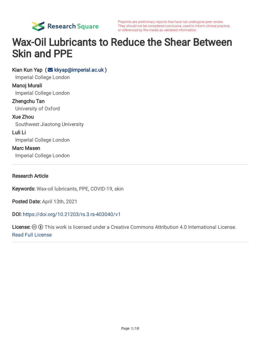 Wax-Oil Lubricants to Reduce the Shear Between Skin and PPE