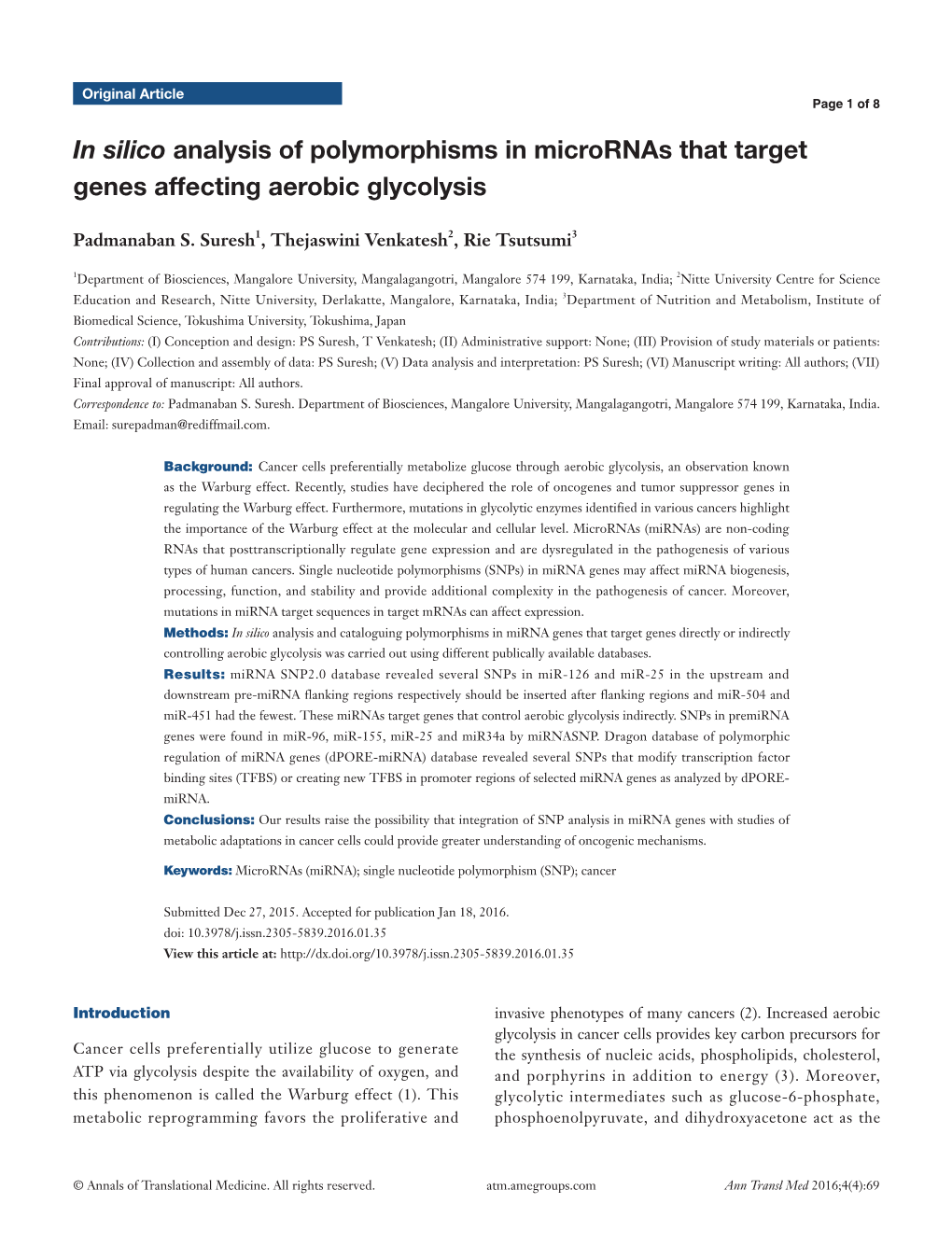 In Silico Analysis of Polymorphisms in Micrornas That Target Genes Affecting Aerobic Glycolysis