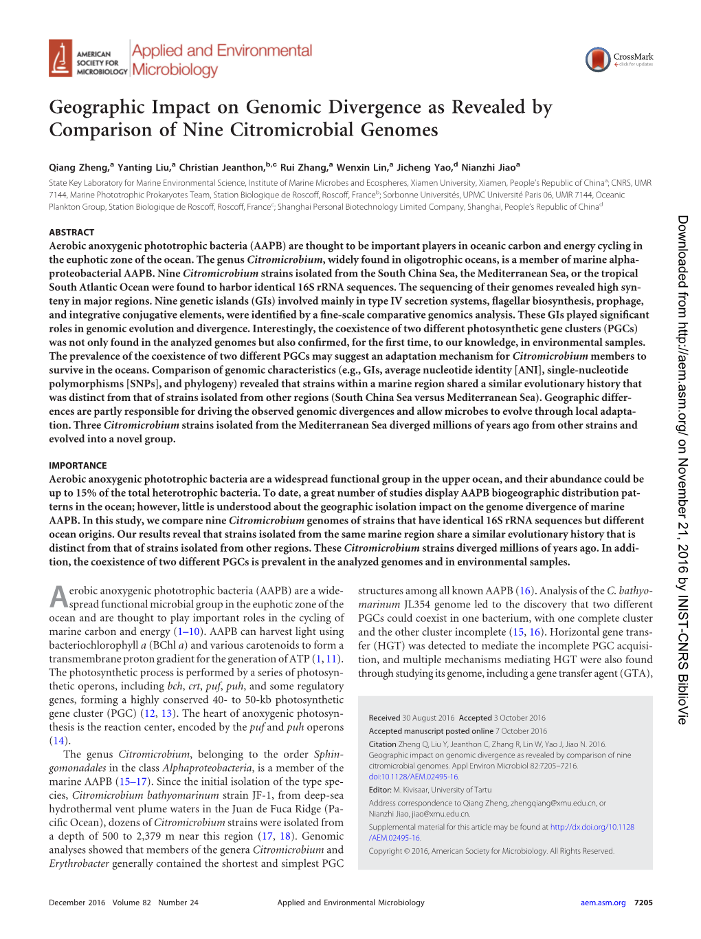 Geographic Impact on Genomic Divergence As Revealed by Comparison of Nine Citromicrobial Genomes