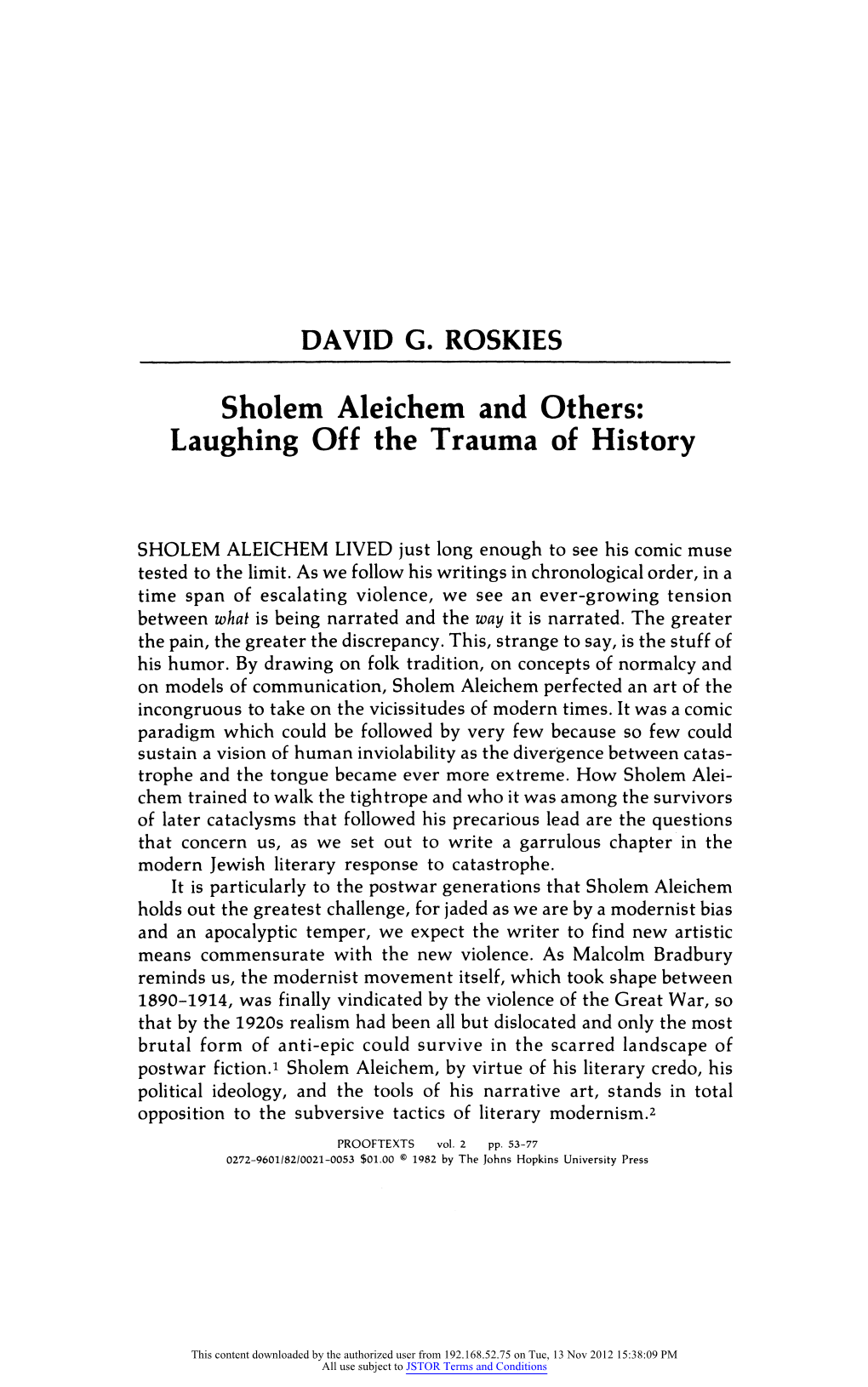 Sholem Aleichem and Others: Laughing Off the Trauma of History